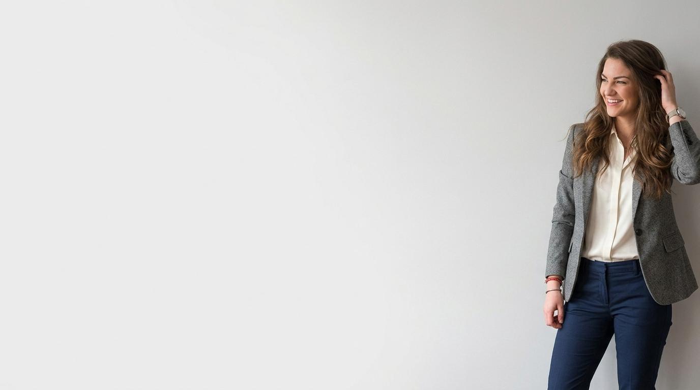 Eine junge Frau lehnt an einer weißen Wand.